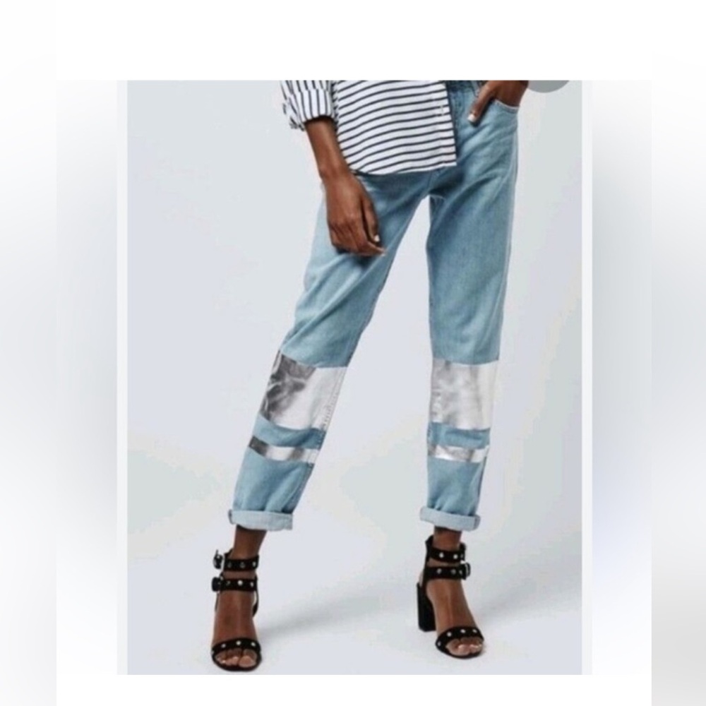 Topshop Highrise Hayden Metallic Foil Print Mom Cropped Blue Jean